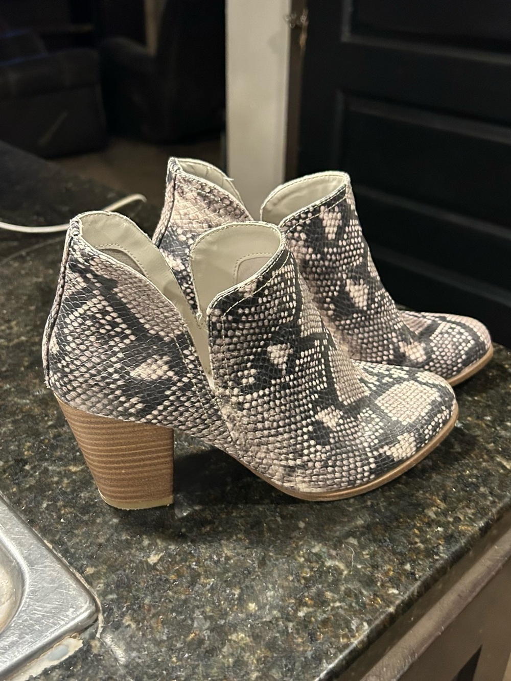 Fergalicious Snake-Print Cutout Ankle Boot in Taupe and Black size 7